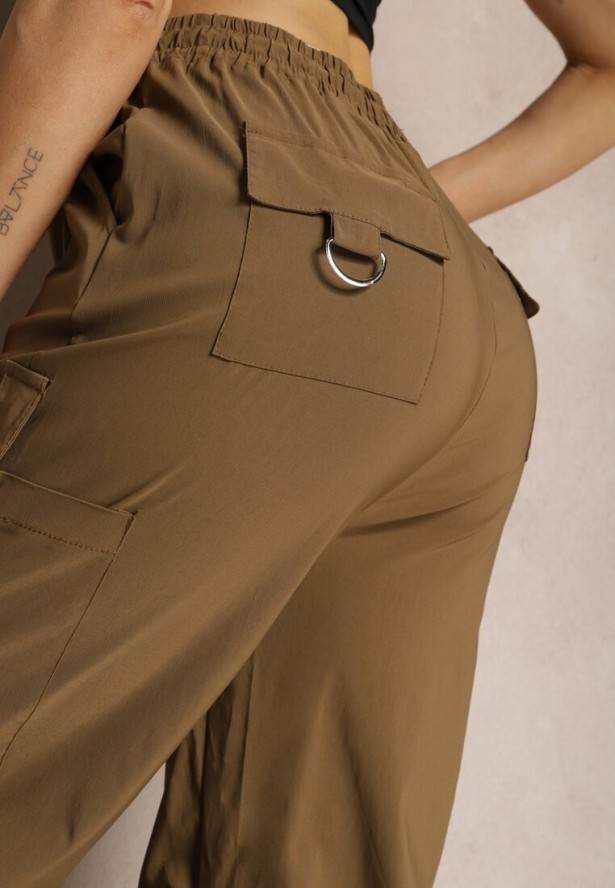 Brązowe Szerokie Spodnie High Waist w Stylu Bojówek Wykończone Gumką w Talii Ellcara