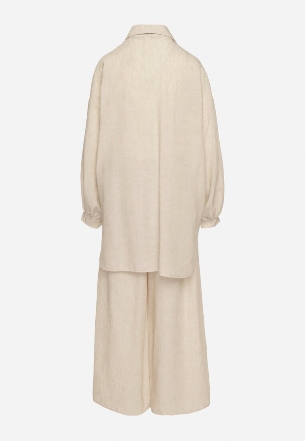 Beżowy Komplet Szerokie Spodnie i Koszula z Bufiastymi Rękawami Stellise