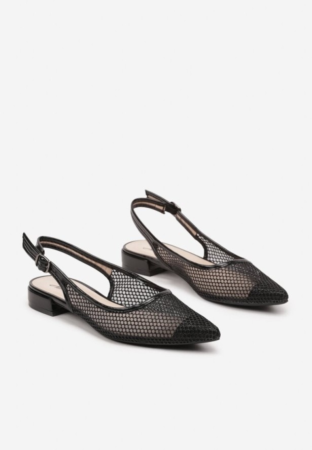 Czarne Brokatowe Sandały z Siateczki z Noskiem w Szpic i Odkrytą Piętą Korvesis