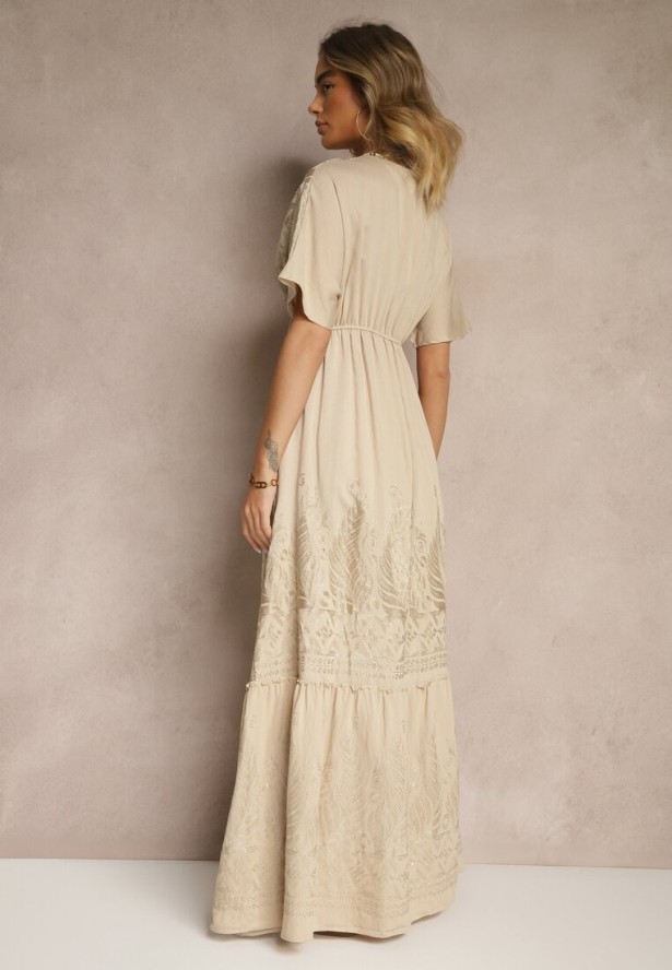 Beżowa Wiskozowa Sukienka Kopertowym Dekoltem i Frędzlami Redevie