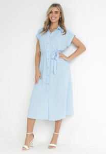 Niebieska Sukienka Koszulowa Wiązana w Pasie z Krótkimi Rękawami Clairana