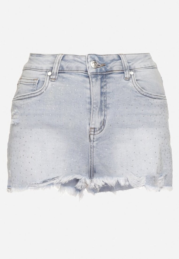 Jasnoniebieskie Szorty Jeansowe z Wysokim Stanem Zdobione Przetarciami i Cyrkoniami Galinora