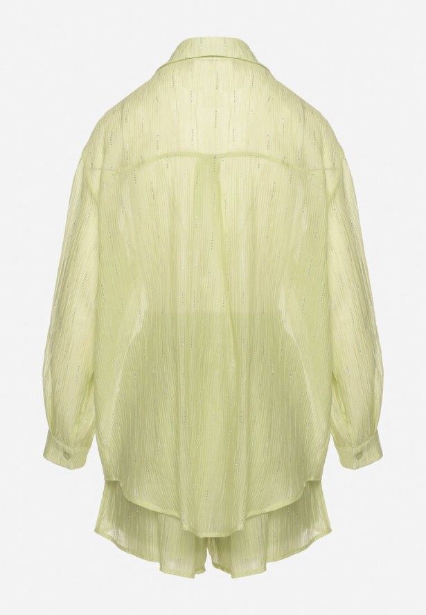 Zielony Komplet Ozdobiony Cyrkoniami Koszula i Szorty Jenorenea