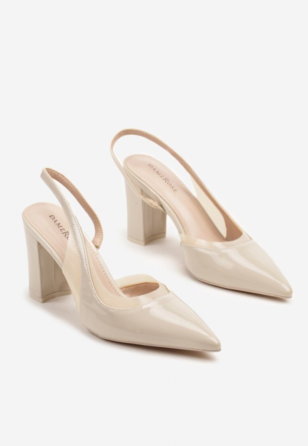 Jasnobeżowe Sandały Lakierowane na Słupku typu Slingback Dralzedi