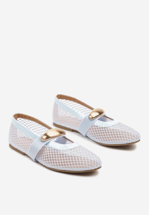 Niebieskie Balerinki z Transparentnej Siateczki z Paskiem i Metaliczną Aplikacją Isorine