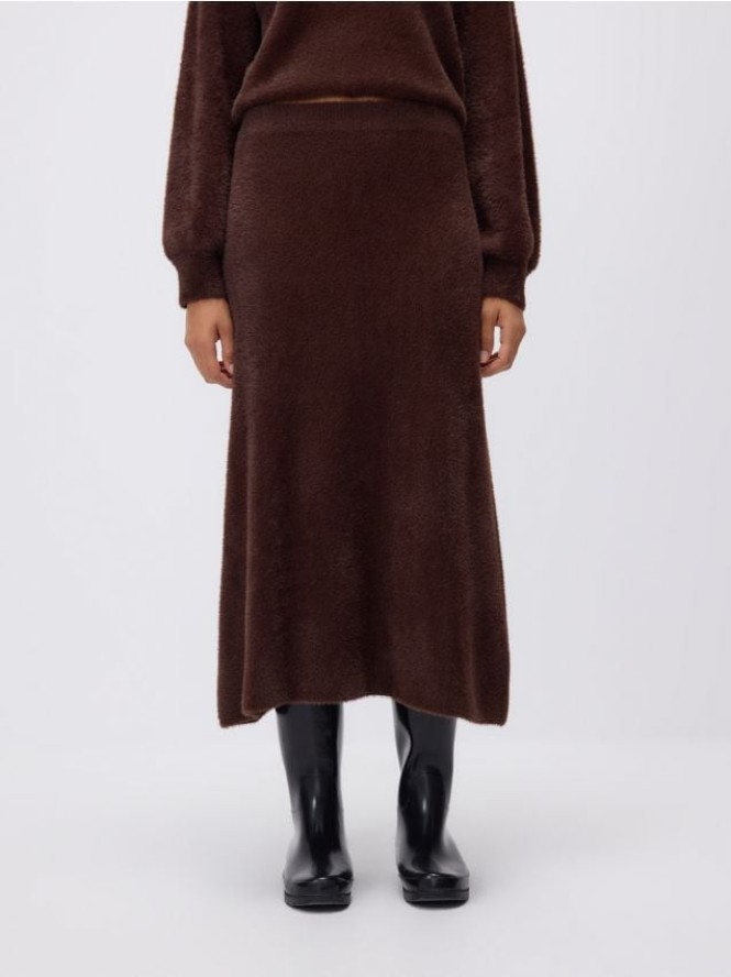 Pluszowa spódnica midi - ciemnobrązowy