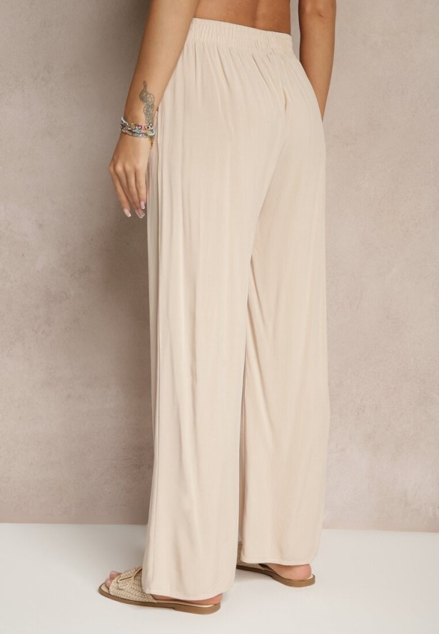 Beżowe Spodnie z Wiskozy High Waist o Szerokim Kroju Avelozi