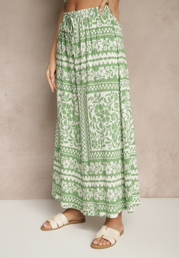 Jasnozielony Komplet z Wiskozą w Kwiatowy Wzór Koszula i Spodnie Sonelienna