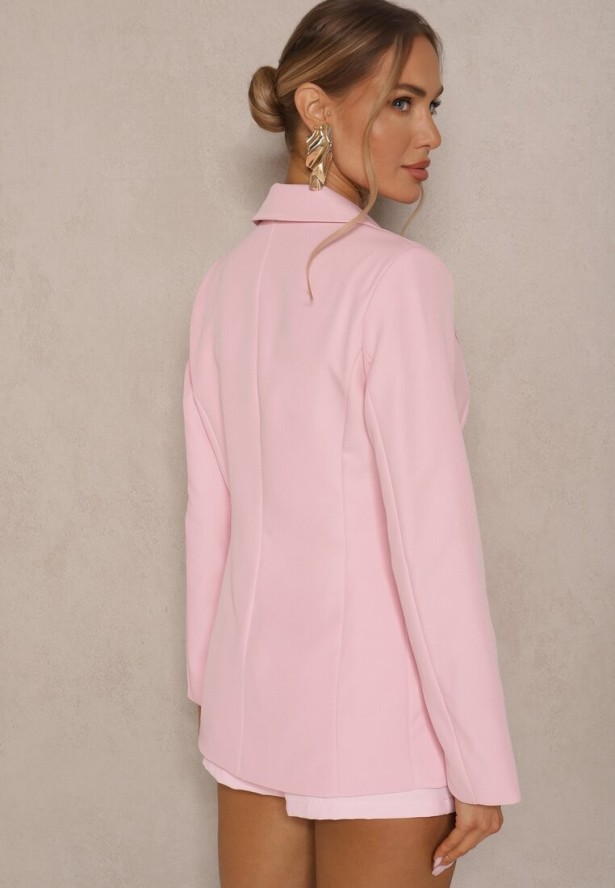 Różowa Marynarka z Usztywnionymi Ramionami i Imitacją Kieszeni Halonia
