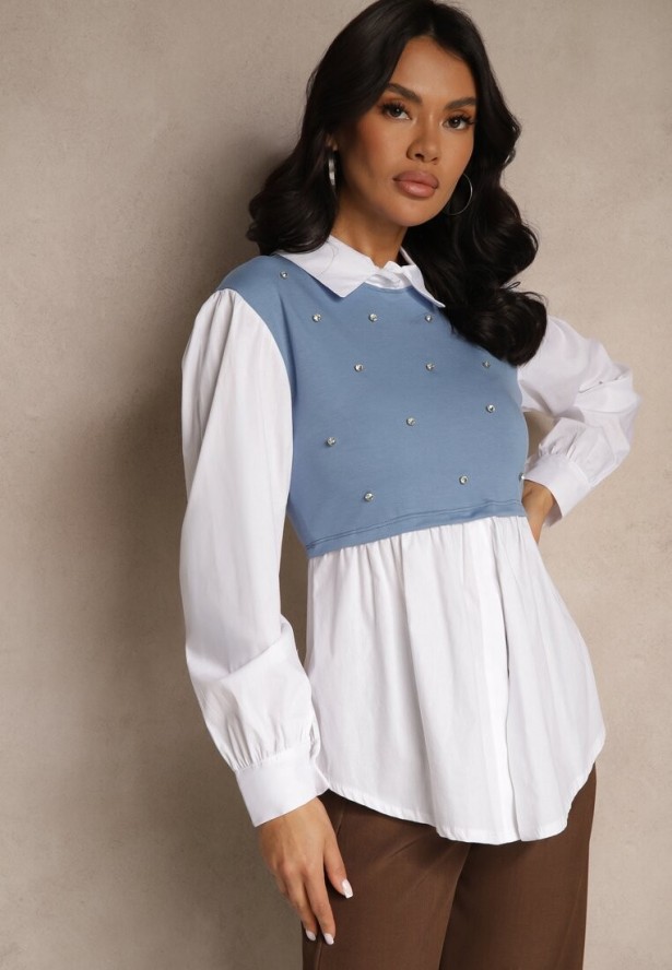 Niebieska Koszulowa Bluzka z Wiskozą o Rozkloszowanym Kroju z Wszytą Kamizelką Uliadorella
