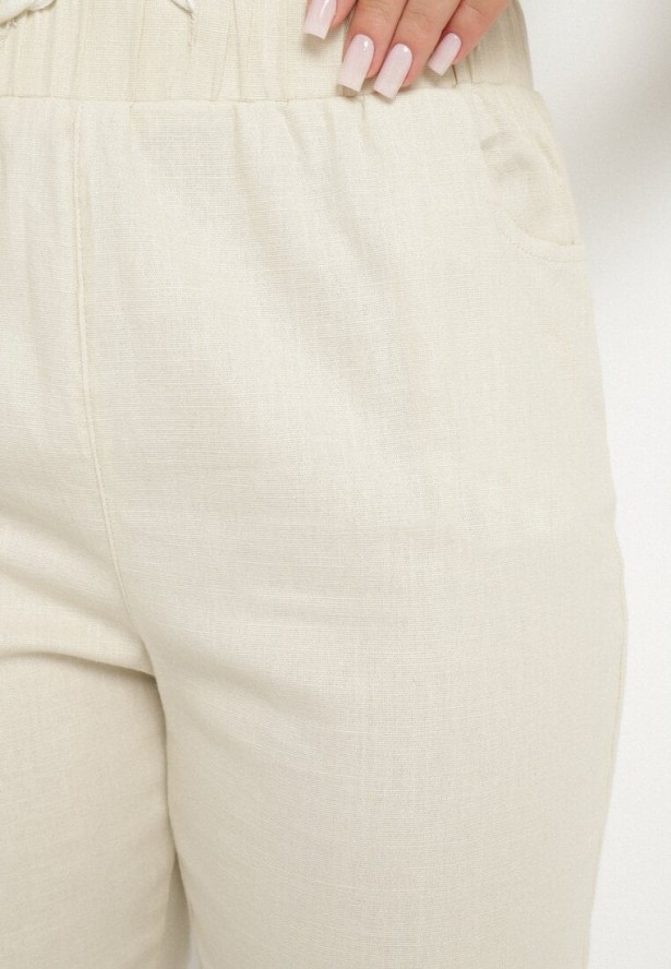 Beżowe Bawełniane Spodnie z Wiązaniem Feltebia