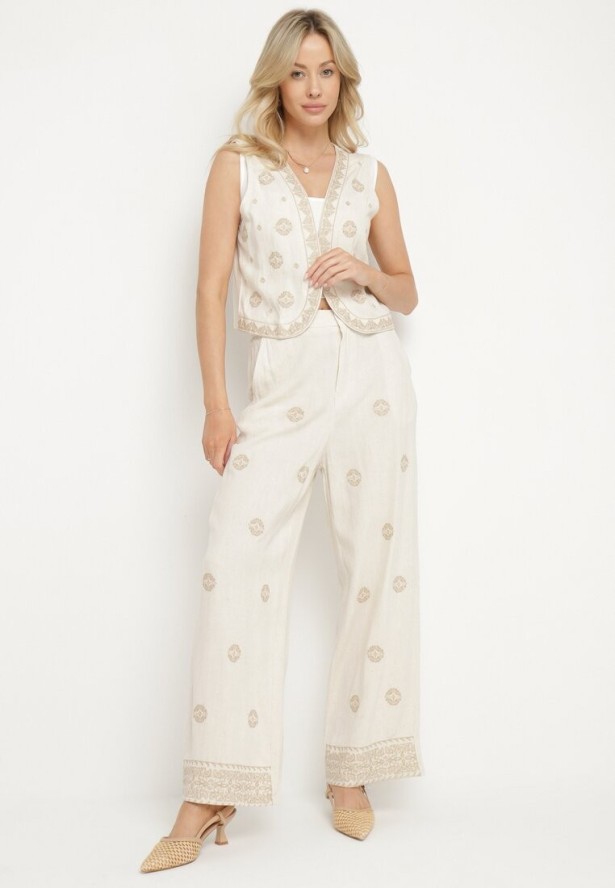 Beżowe Szerokie Spodnie z Lnem Wiskozą i Wysokim Stanem Ozdobione Haftem Borilna