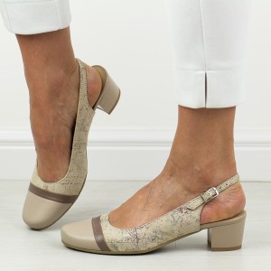 Beżowe skórzane Polskie czółenka damskie na obcasie bez pięty Gregors 1052