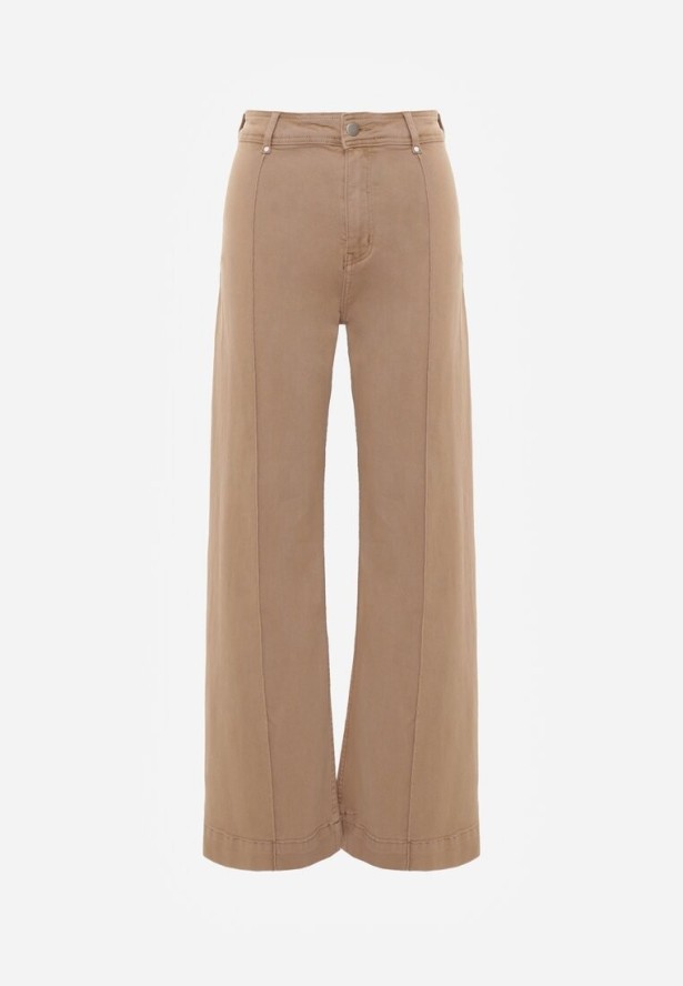 Beżowe Szerokie Jeansy z Bawełny z Wysokim Stanem i Pionowymi Przeszyciami Keperise