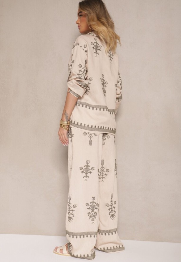 Beżowy Wiskozowy Komplet Boho Koszula i Spodnie z Haftowanym Zdobieniem Helhiris