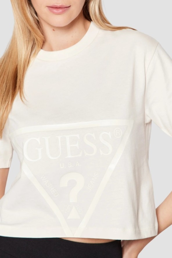 GUESS Kremowy bawełniany t-shirt damski Adele Crop, Rozmiar XL