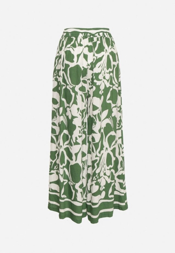 Zielone Szerokie Spodnie z Wysokim Stanem w Kwiatowy Wzór Tolirida