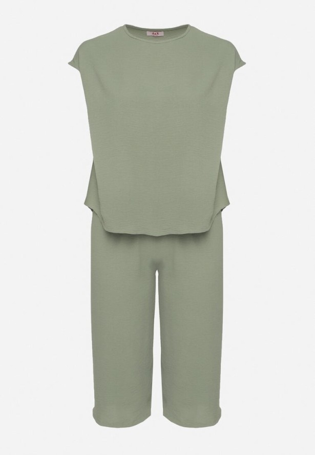 Jasnozielony Komplet Bluzka i Szerokie Spodnie Jenoretia