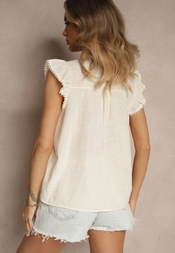 Beżowa Bluzka z Bawełny z Haftowanymi Zdobieniami i Falbanką Talanea