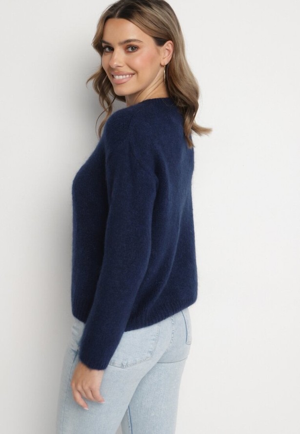 Granatowy Klasyczny Kardigan z Wełną i Moherem Noloria