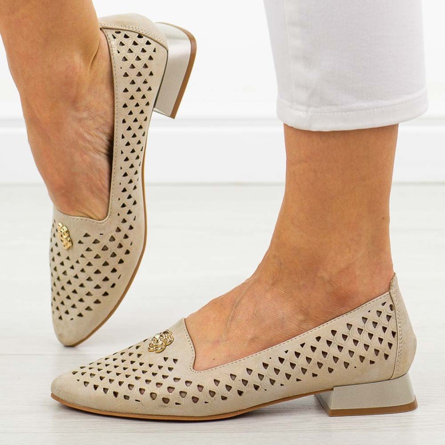 Złote ażurowe baleriny damskie na obcasie Jezzi asa178a-5