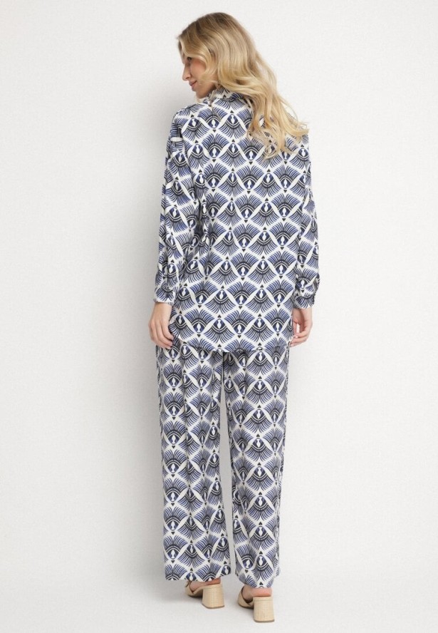Niebieski Komplet z Wiskozą w Etniczny Wzór Szerokie Spodnie i Koszula Elezaria