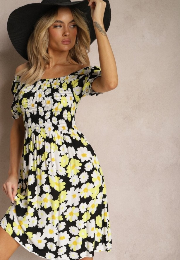 Czarno-Żółta Sukienka z Wiskozy Midi z Kwadratowym Dekoltem i Wzorem w Kwiaty Narcca