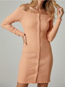 Prążkowana sukienka midi hiszpanka z guzikami - pomarańczowy