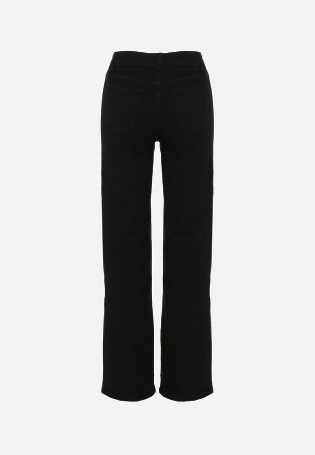 Czarne Jeansy o Szerokim Kroju z Wysokim Stanem Zdobione Cyrkoniami Nusianis