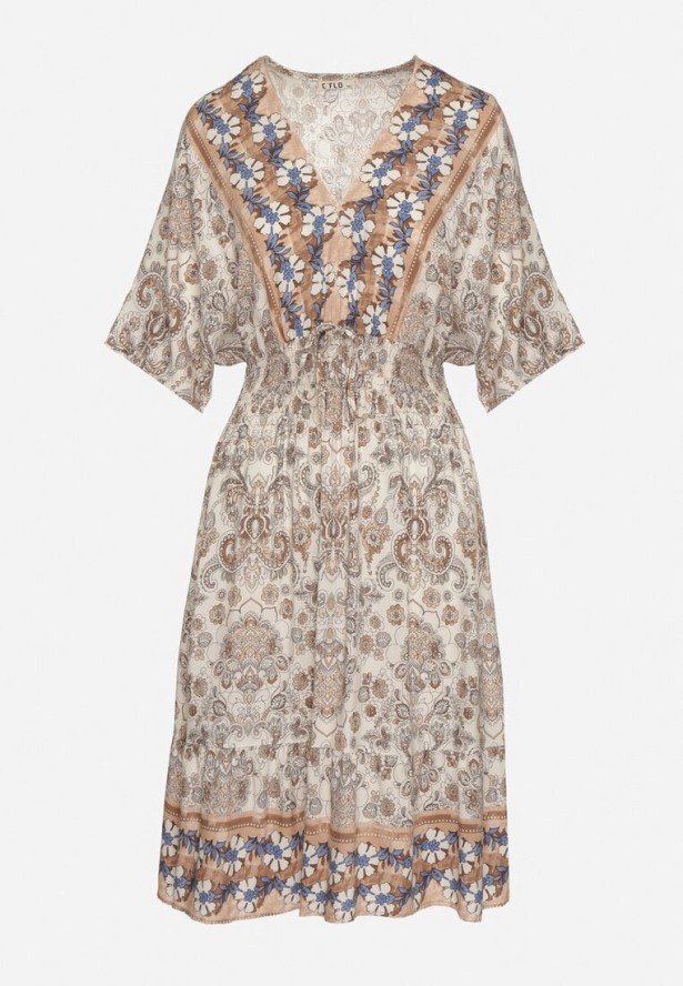 Ciemnobeżowa Sukienka z Wiskozy w Ornamentalny Wzór z Szeroką Gumką w Pasie Tanissla