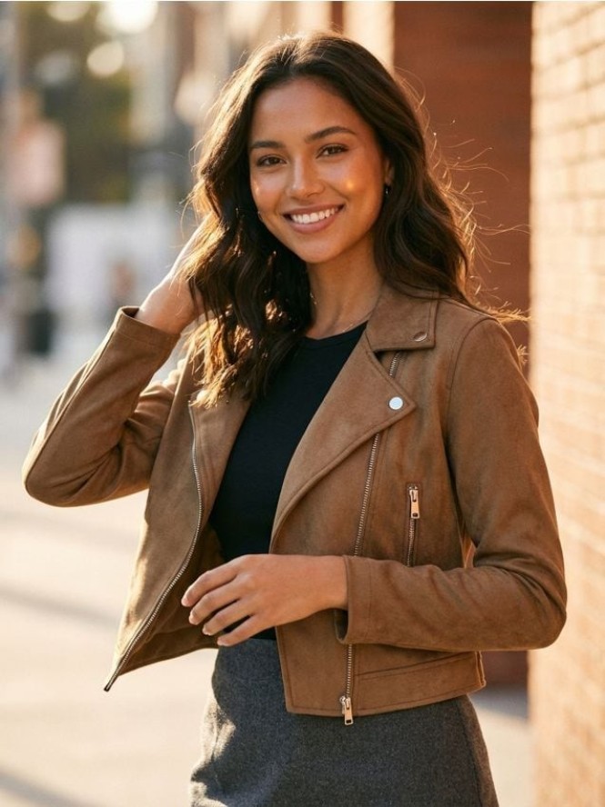 Kurtka ramoneska z imitacji zamszu - brązowy