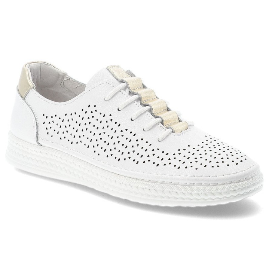Sneakersy damskie S.Barski, cholewka skóra naturalna perforowana wiązanie klasyczne niski fason zaokrąglony nosek, białe, GR61-5992