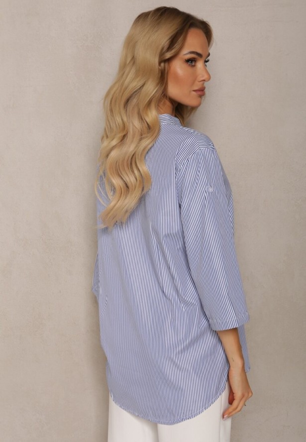 Granatowo-Biała Koszula z Bawełny o Luźnym Kroju w Paski z Guziczkami Konolla