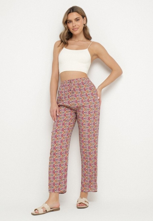 Różowe Bawełniane Spodnie z Wiązaniem i Gumką w Talii w Geometryczny Wzór Ivelriz