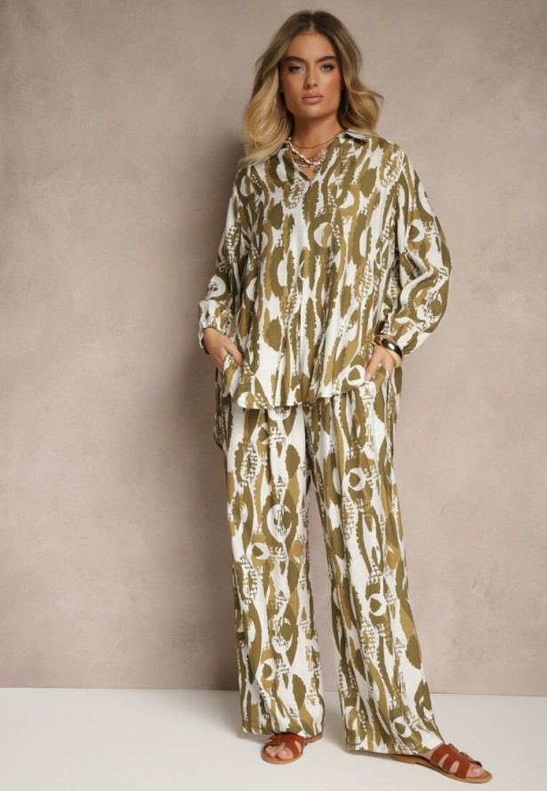 Zielony Komplet z Wiskozą Bluzka o Koszulowym Kroju i Szerokie Spodnie Sariliana