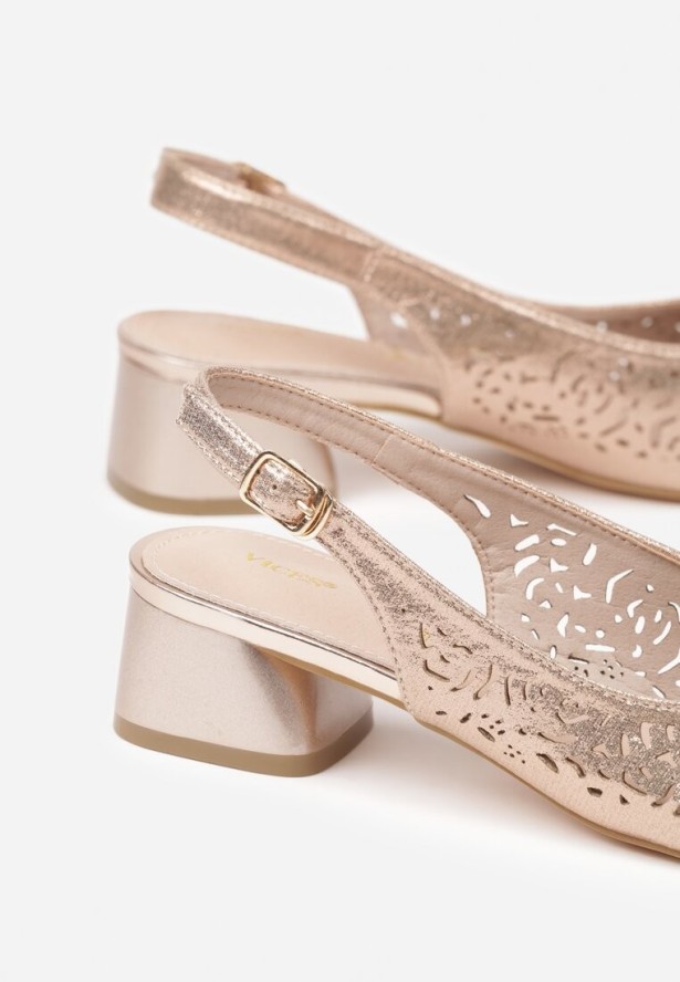 Szampańskie Sandały Vices na Słupku ze Skórzaną Wkładką i Ażurowym Wzorem Filavira