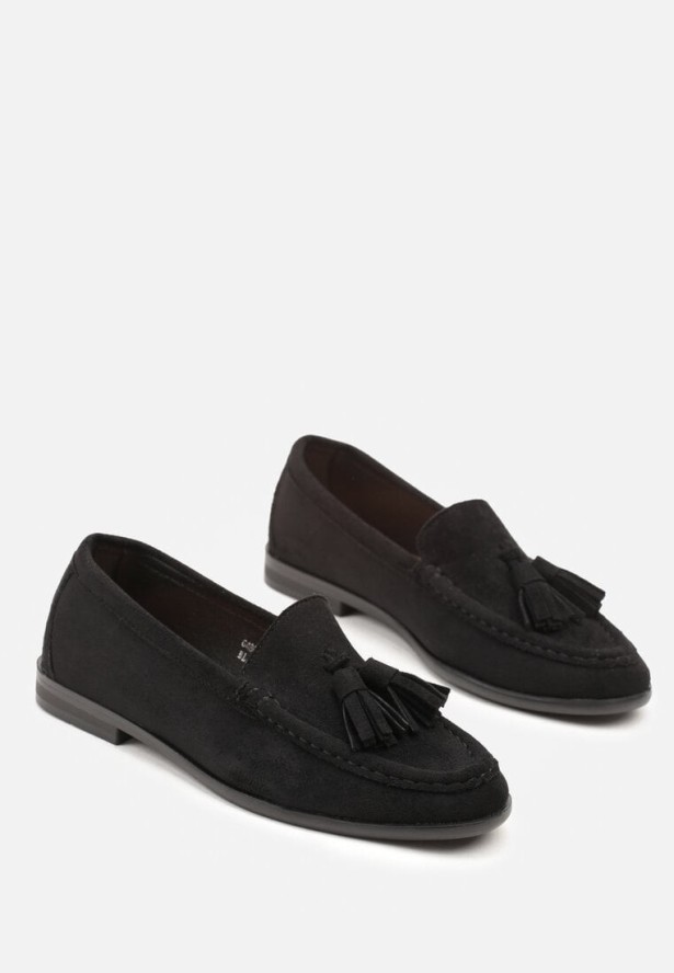 Czarne Mokasyny z Imitacji Zamszu z Aplikacją z Frędzlami Nalonissa