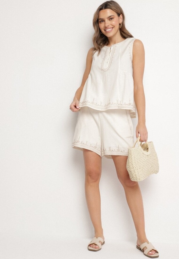 Jasnobeżowa Bawełniana Bluzka Bez Rękawów z Baskinką i Haftem Koritara