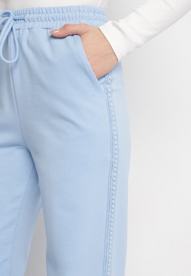 Jasnoniebieskie Szerokie Spodnie Dresowe z Bawełny z Wysokim Stanem i Lampasami Pillione