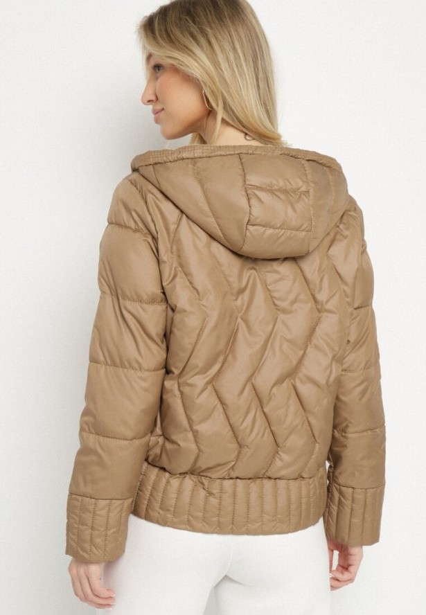 Ciemnobeżowa Dwustronna Kurtka Pikowana z Kieszeniami i Kapturem Eralethra