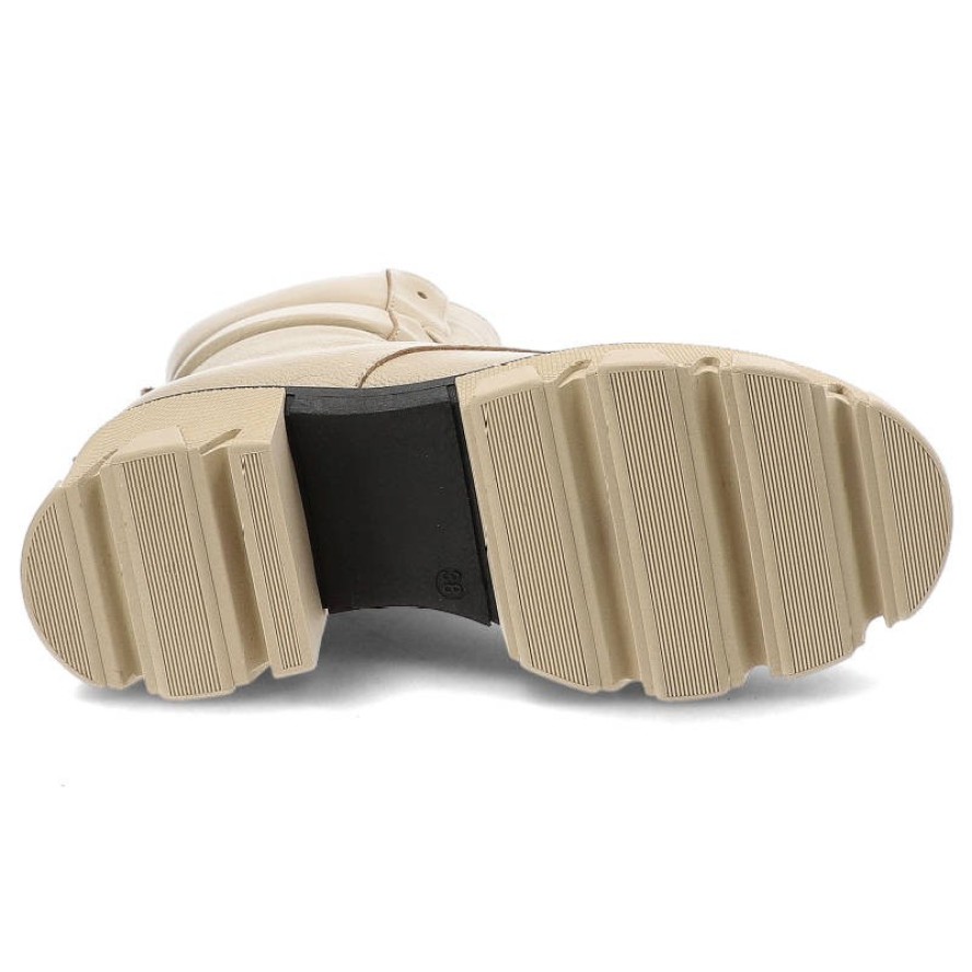 Botki damskie Karino, z gładkiej skóry naturalnej z wysoką cholewką i sznurowaniem stabilny obcas oraz gruba podeszwa o geometrycznym kształcie, beżo