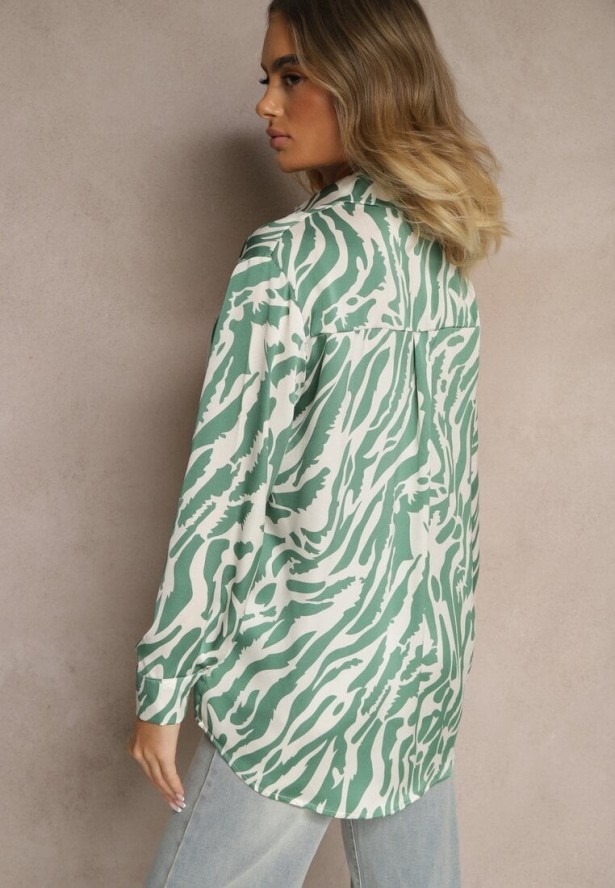 Zielono-Beżowa Koszula o Dłuższym Kroju z Tyłu w Paski Tilhiria