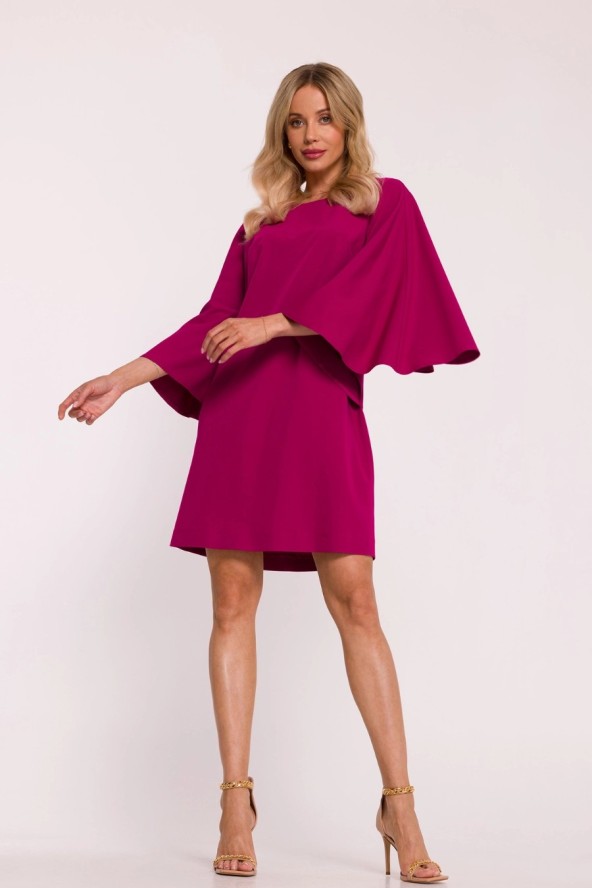 Elegancka sukienka trapezowa z bufiastymi rękawami fiolet