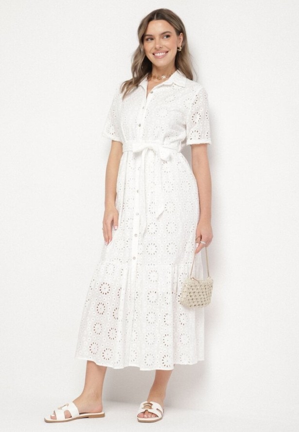 Biała Bawełniana Sukienka Koszulowa z Wiązanym Paskiem Zdobiona Haftem Efriselle