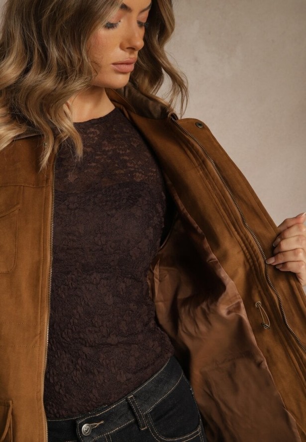 Brązowa Kurtka Koszulowa Barn Jacket z Kieszeniami na Napy Tilusea