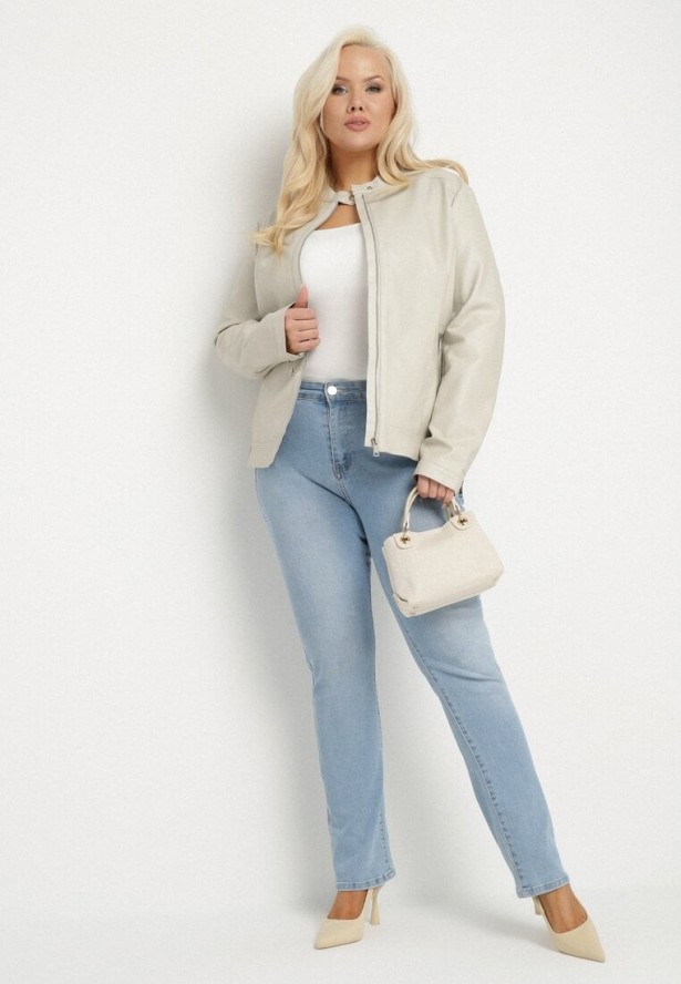 Jasnobeżowa Kurtka Ramoneska Bez Kołnierzyka z Suwakami na Rękawach Rilinne