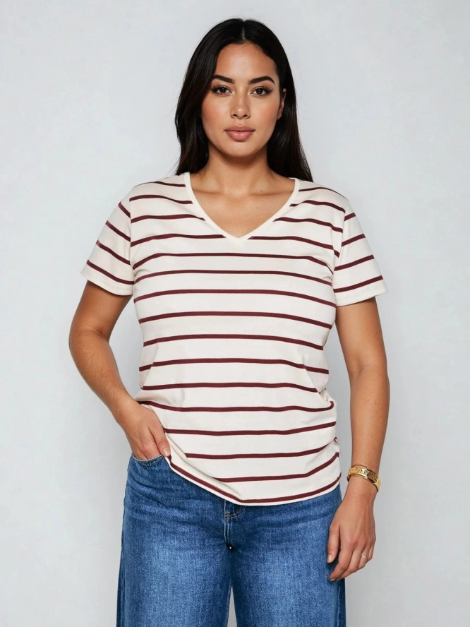 Koszulka damska z dekoltem v-neck w paski kremowa Retina 103