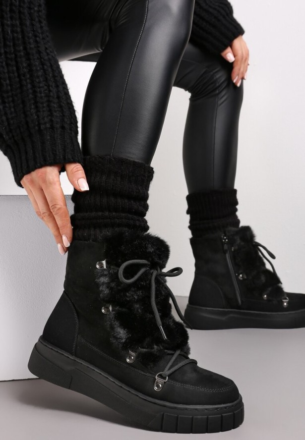 Czarne Śniegowce Ozdobione Futerkiem Przy Sznurowaniu Avionea