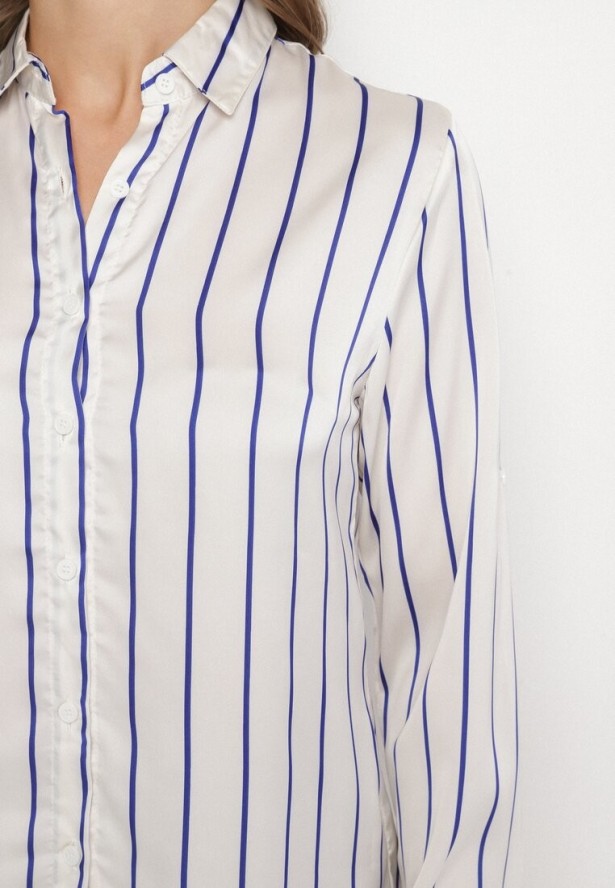 Biało-Niebieska Koszula w Delikatne Paski z Podpinanymi Rękawami Berraza