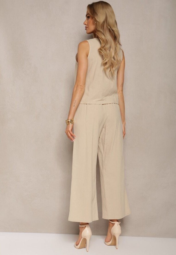 Jasnobeżowy Komplet z Bawełny Bluzka z Guzikami Szerokie Spodnie z Gumką w Talii Floricella